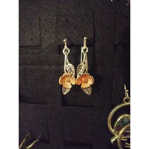 New - Copper Flower with Silver Leaf Hanging Hook Earrings - Picture 4 of 6